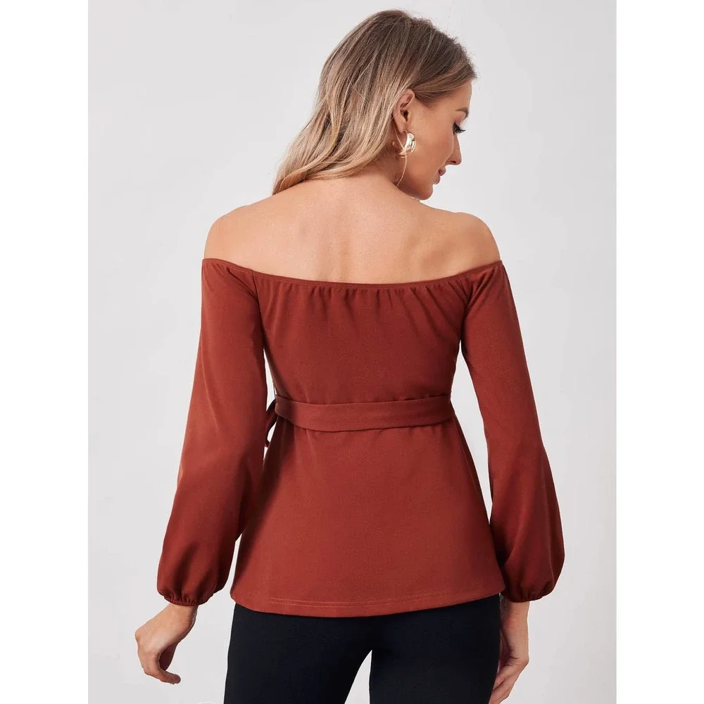 Maternity V Off Shoulder Belted long sleeve Top black - Picture 6 of 8